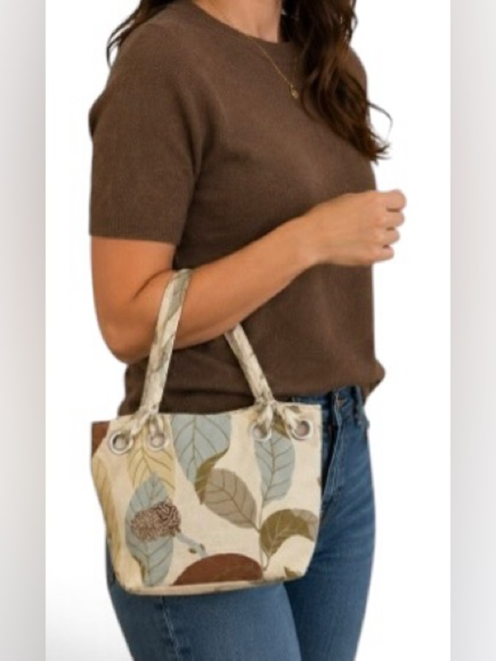Cotton Canvas Retro Botanical Leaf Tote Bag